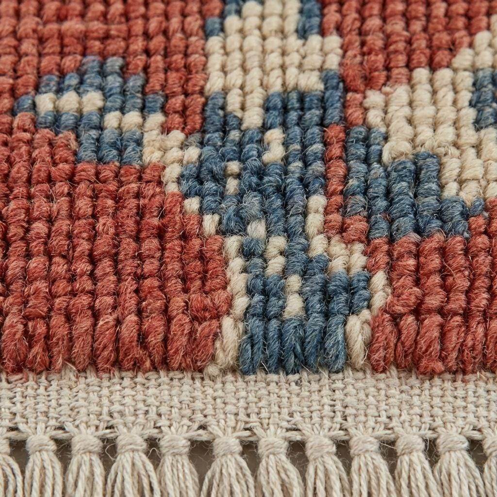 Close-up of hand knotted wool pile showing individual knots and natural fiber texture __etsy:7686691927