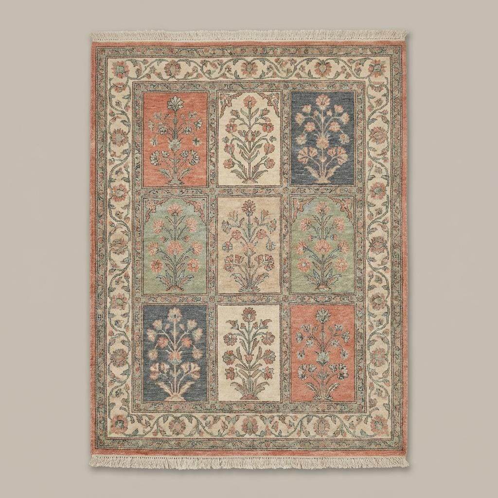 Hand knotted floral panel rug styled in bright living room with wooden flooring __etsy:7638750262