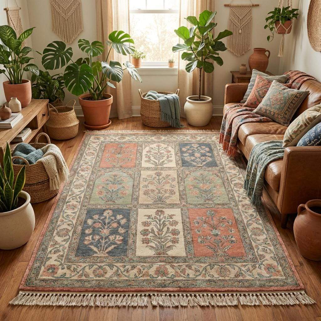 Persian inspired patchwork wool rug with square floral pattern and vintage colors __etsy:7686691933