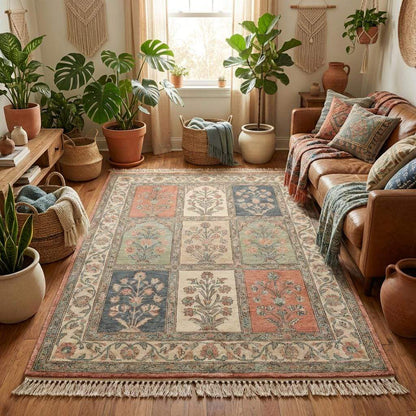 Persian inspired patchwork wool rug with square floral pattern and vintage colors __etsy:7686691933
