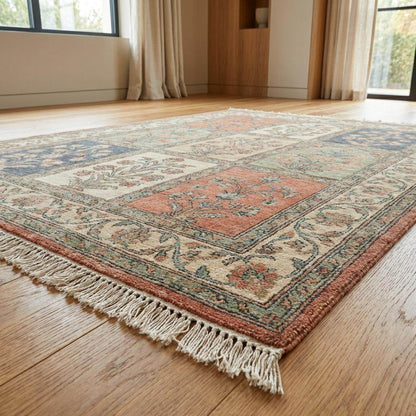 Artisan handmade wool rug with coral, navy, sage and ivory floral blocks __etsy:7638750300