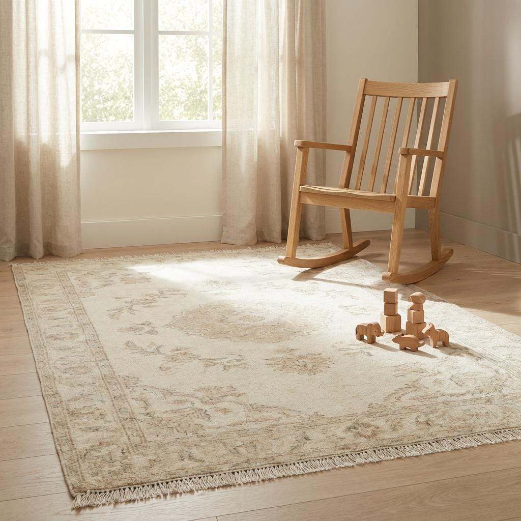 Vintage Neutral Area Rug, Hand Knotted Oushak Wool Floral Design