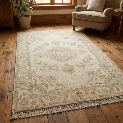 Vintage Neutral Area Rug, Hand Knotted Oushak Wool Floral Design