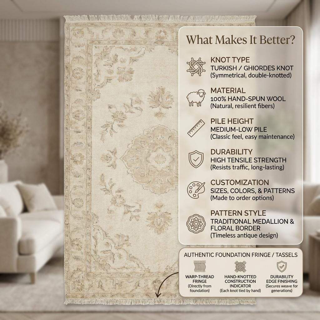 Vintage Neutral Area Rug, Hand Knotted Oushak Wool Floral Design