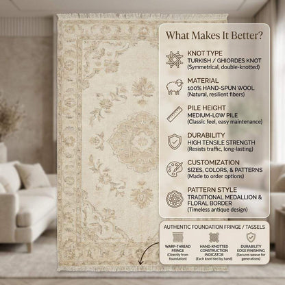 Vintage Neutral Area Rug, Hand Knotted Oushak Wool Floral Design
