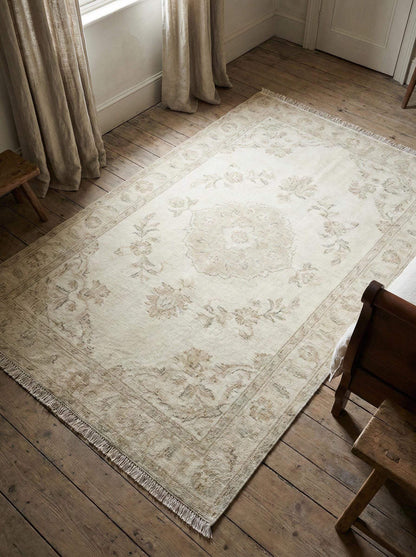 Vintage neutral area rug hand knotted Oushak wool with floral medallion design