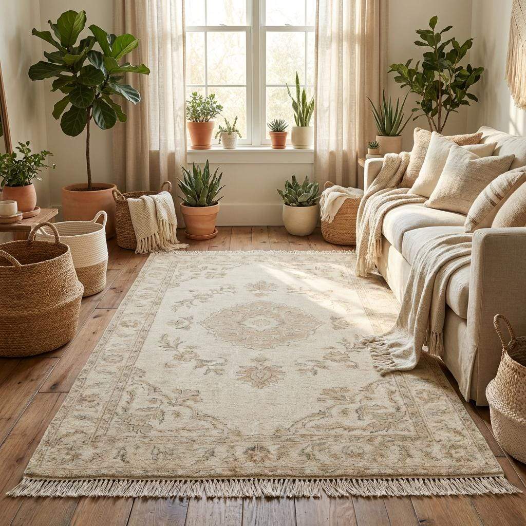 Vintage style Oushak wool rug with faded floral border in cream and sand tones