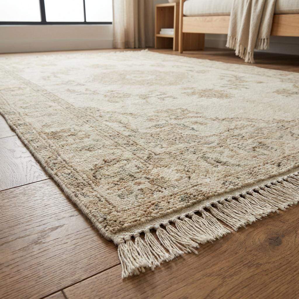 Traditional hand knotted wool rug featuring a subtle medallion pattern and timeless neutral palette