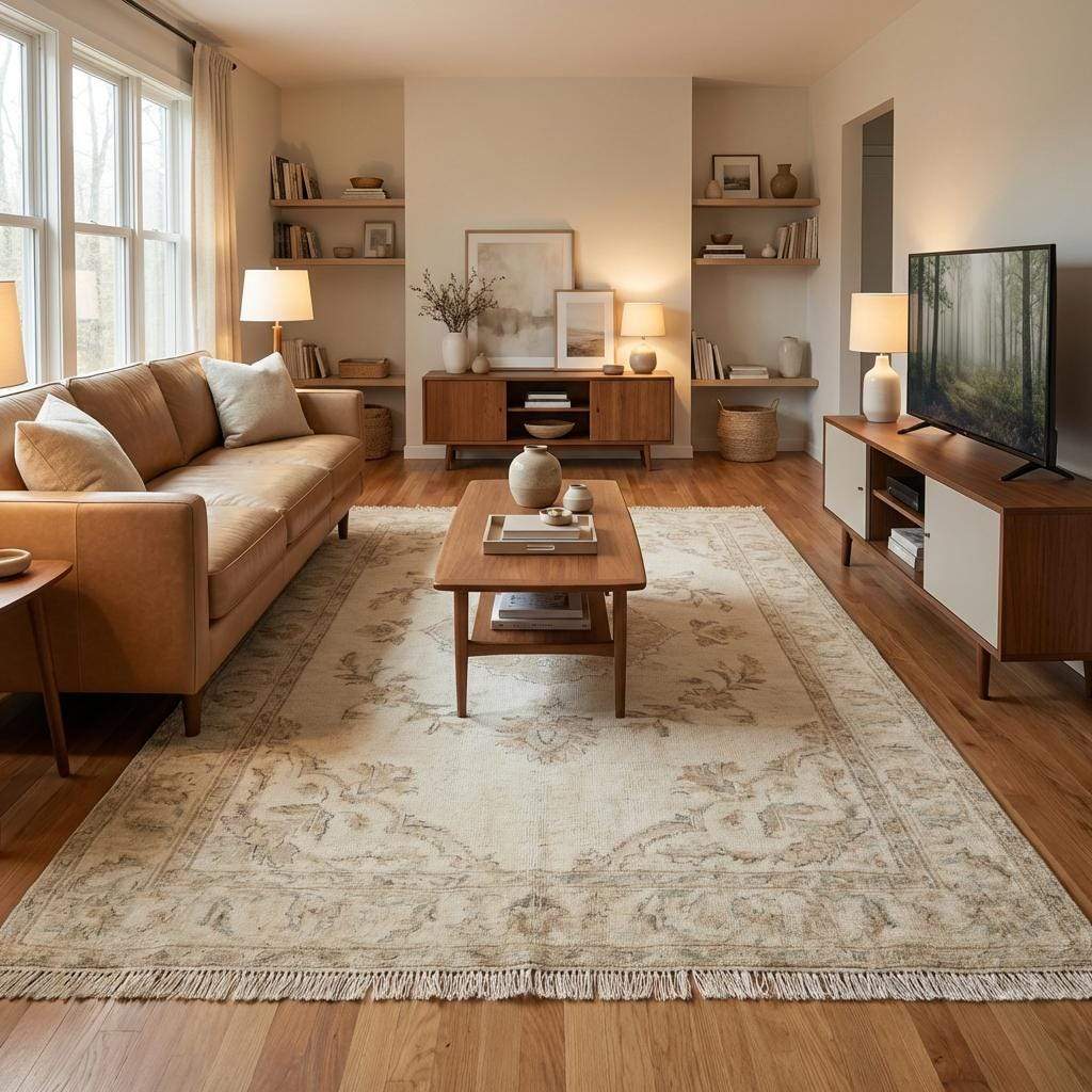 Elegant neutral area rug hand knotted from wool, ideal for living room or bedroom décor