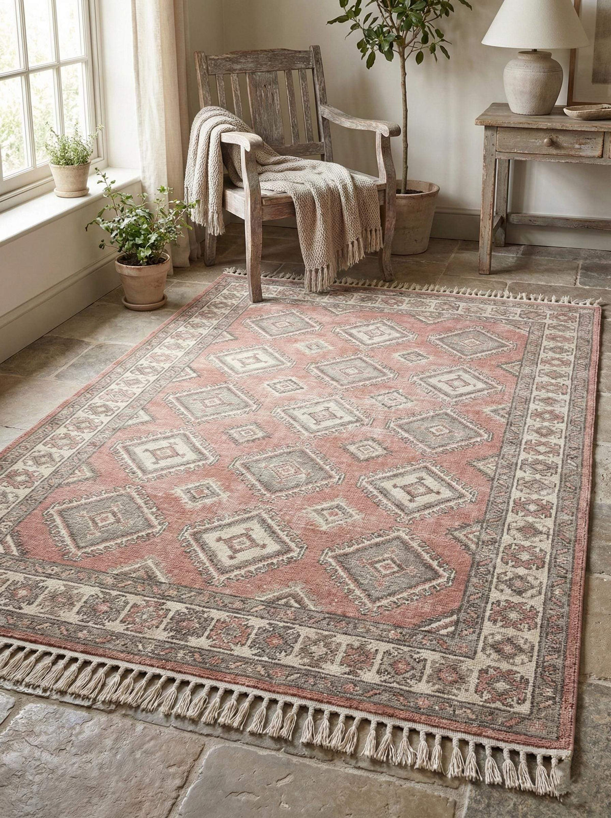 Hand knotted vintage Oushak geometric area rug in blush and sage wool fibers for durable, artisan-crafted home décor
