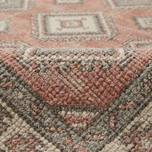 Close-up of hand knotted wool pile showing individual knots, natural fiber texture, and artisan craftsmanship.