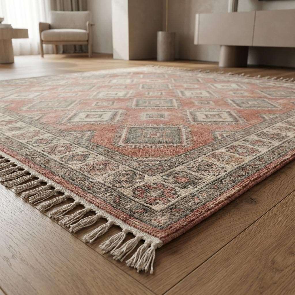 Artisan knotted wool rug showcasing subtle color variation and timeless vintage character.