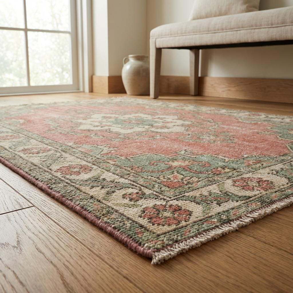Vintage Oushak Hand Knotted Wool Area Rug Soft Pink Green