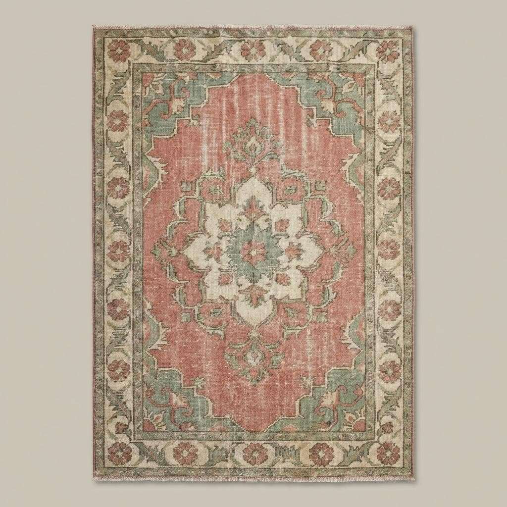 Vintage Oushak Hand Knotted Wool Area Rug - Soft Pink & Green