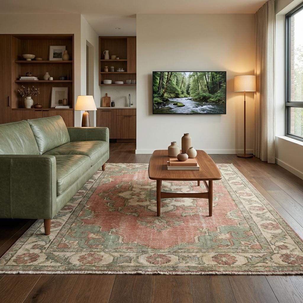 Authentic handmade wool area rug with muted colors and classic Oushak pattern
