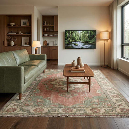 Authentic handmade wool area rug with muted colors and classic Oushak pattern