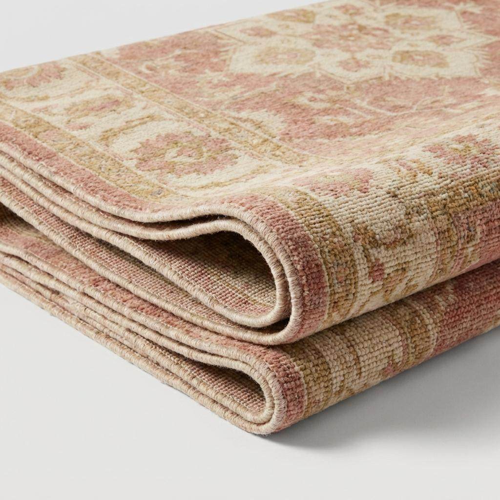 Vintage Oushak Hand Knotted Wool Rug in Soft Blush Pink