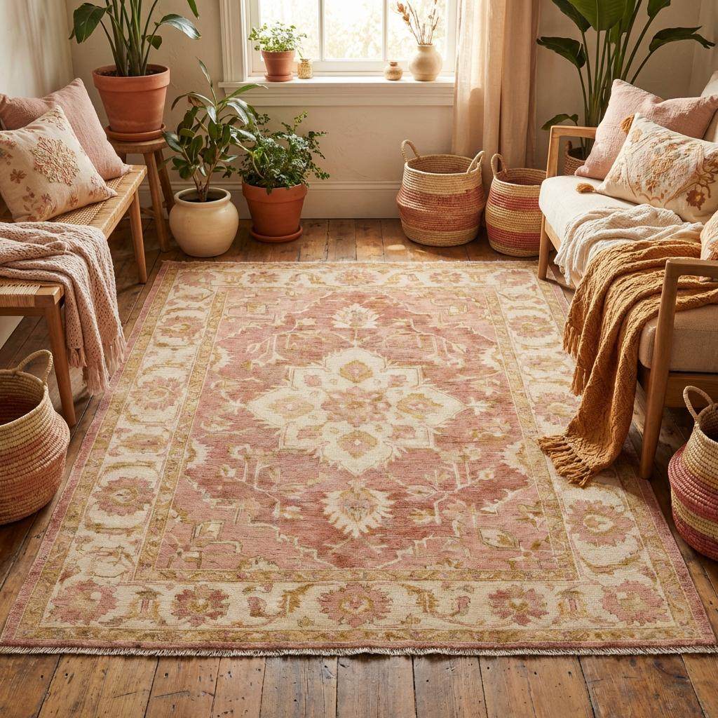 Hand knotted vintage wool rug styled on wooden floors with neutral decor and soft natural light