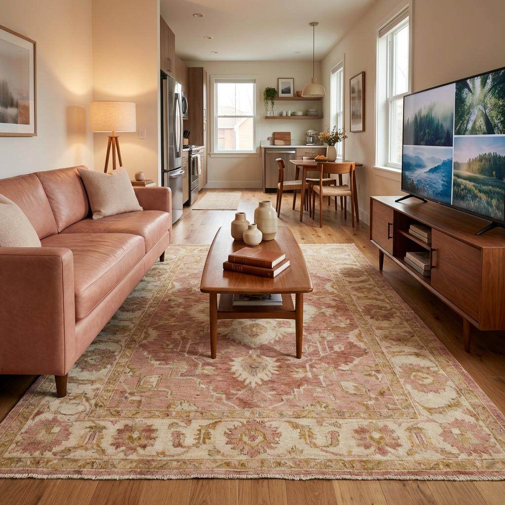 Traditional Turkish Oushak inspired wool rug featuring muted pink tones and classic border design