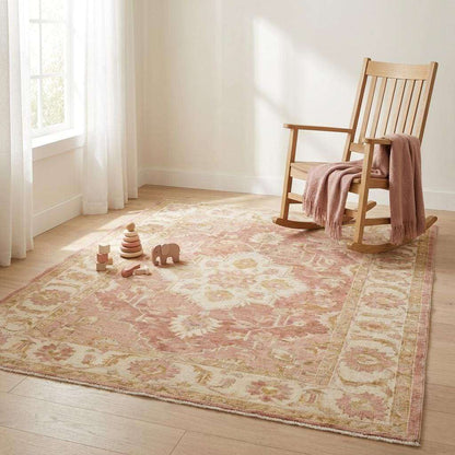 Vintage Oushak Hand Knotted Wool Rug in Soft Blush Pink