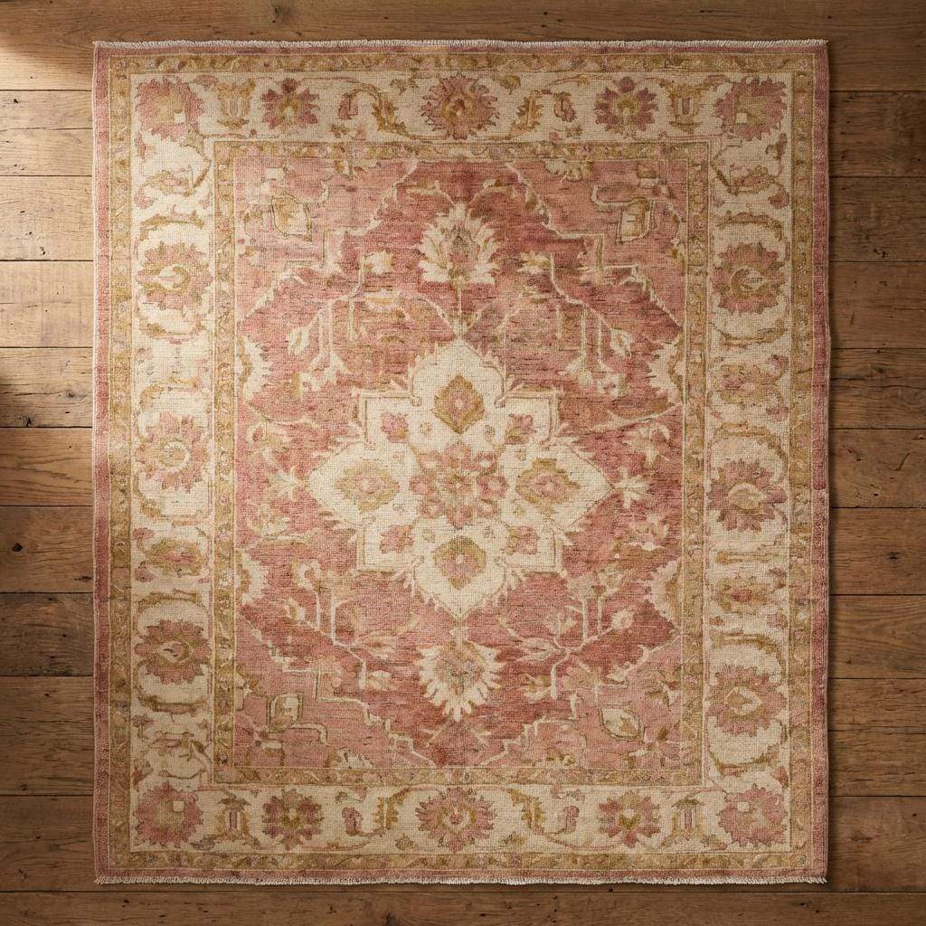 Vintage Oushak Hand Knotted Wool Rug in Soft Blush Pink