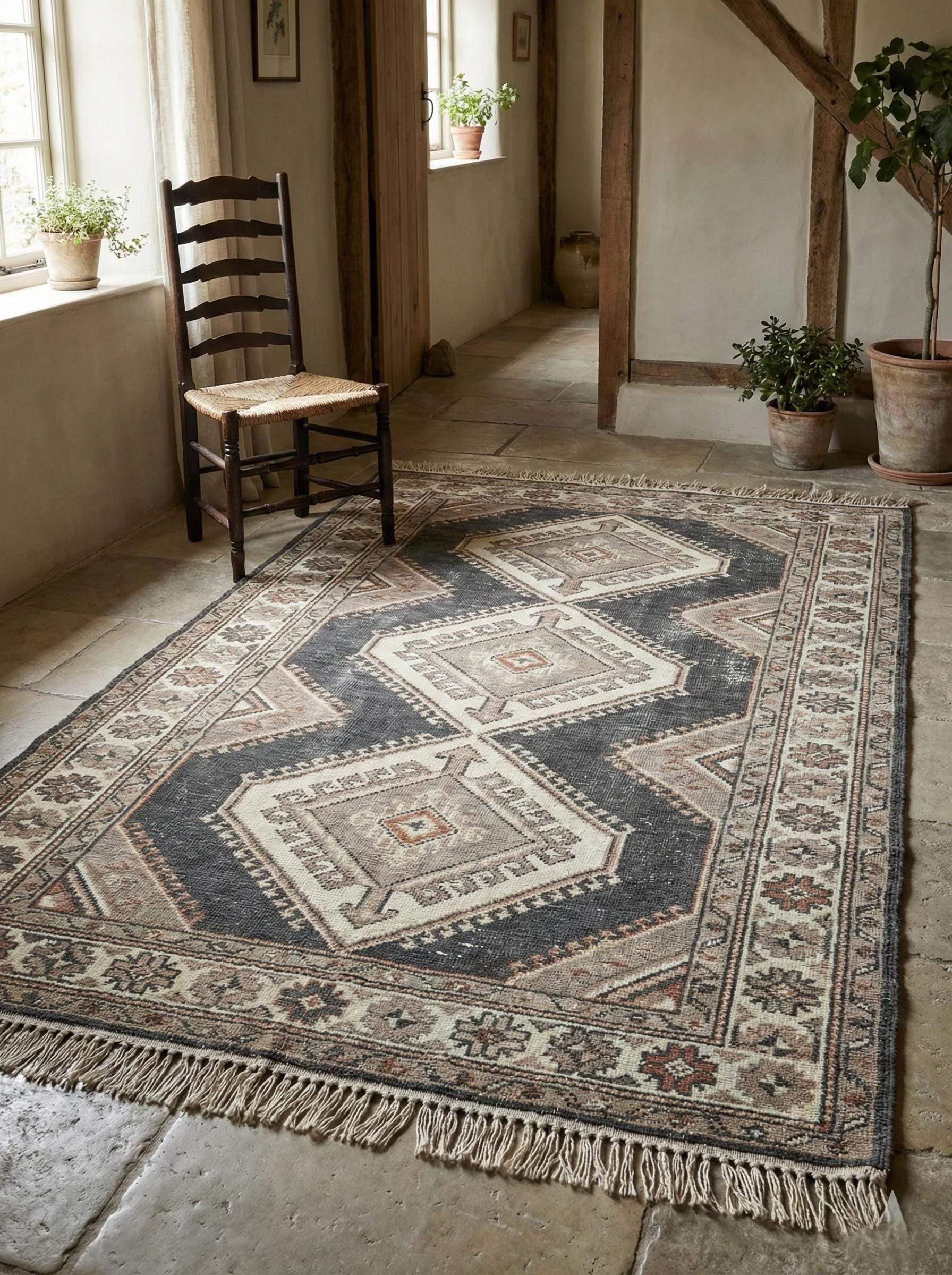Vintage tribal hand knotted wool area rug with timeless Oushak design for rustic interiors