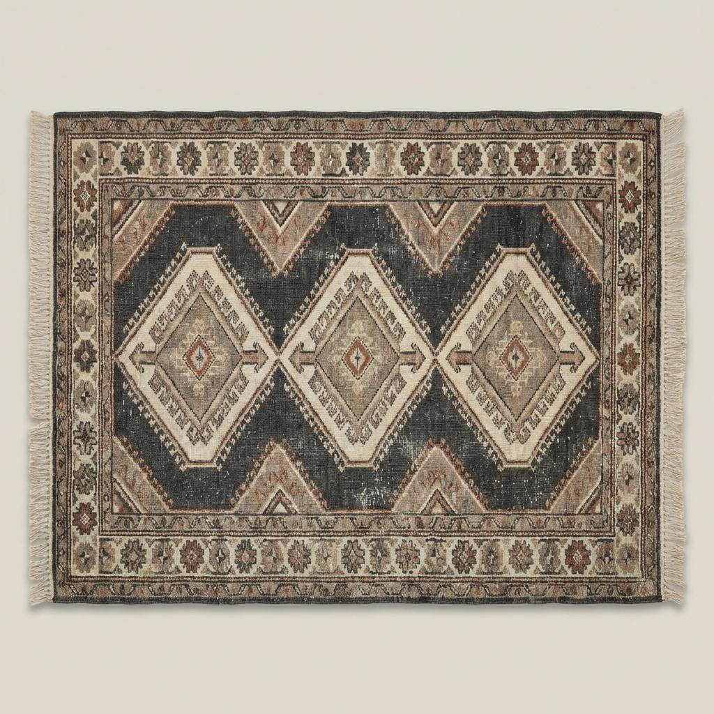 Rustic hand knotted tribal rug styled in farmhouse interior with stone flooring and wood beams