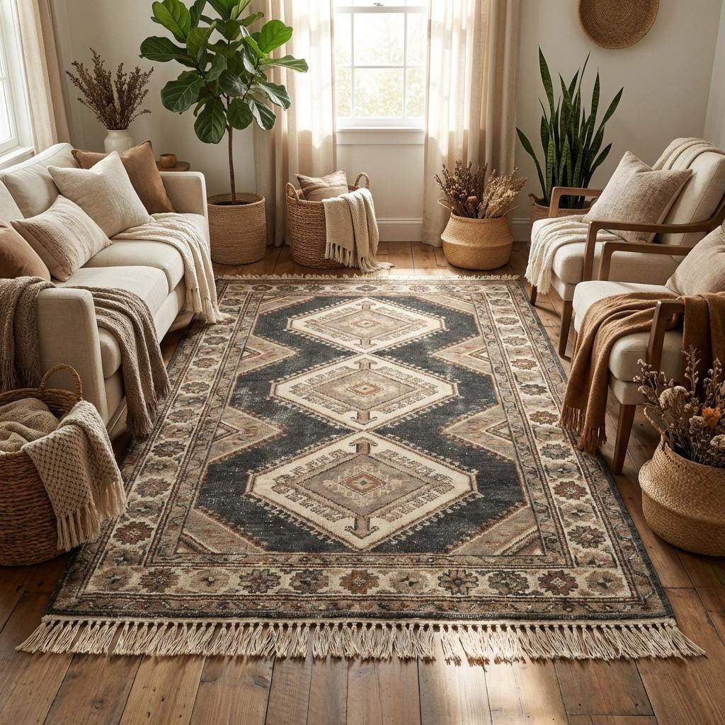Vintage style wool rug with geometric pattern and muted earth tone color palette