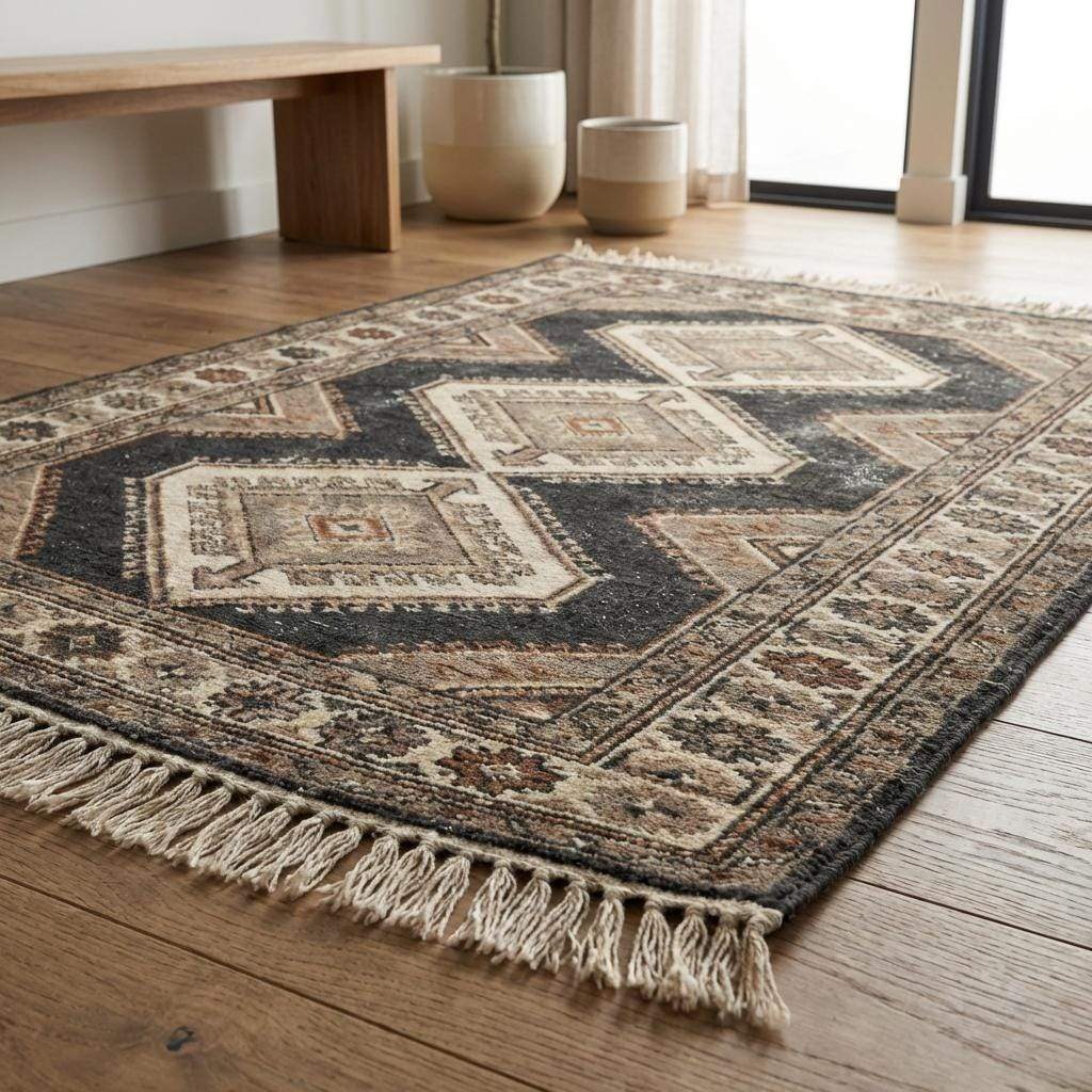 Neutral hand knotted area rug ideal for living room or bedroom décor