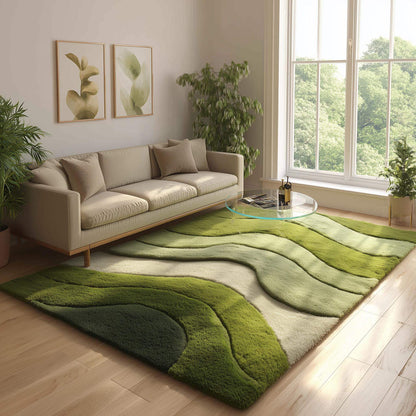 Wave pattern moss rug with green and cream tufted landscape design