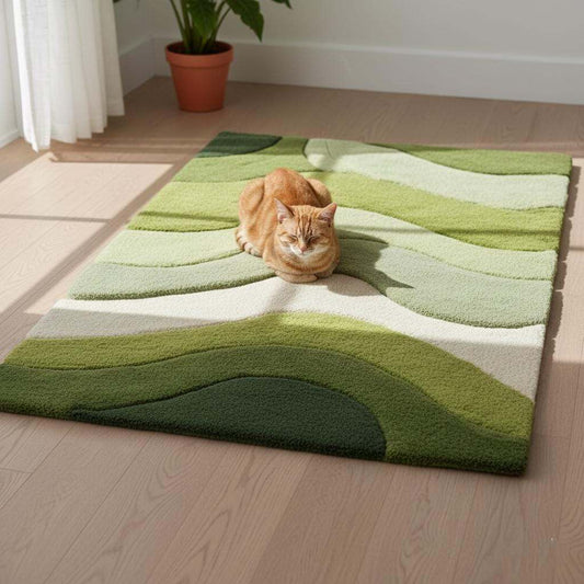 Wave pattern moss rug with green and cream tufted landscape design