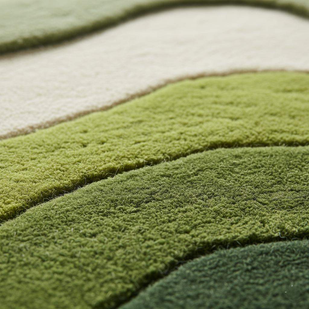 Wave pattern moss rug with green and cream tufted waves resembling rolling hills