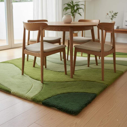 Wave pattern moss rug with green and cream tufted waves mimicking natural hills