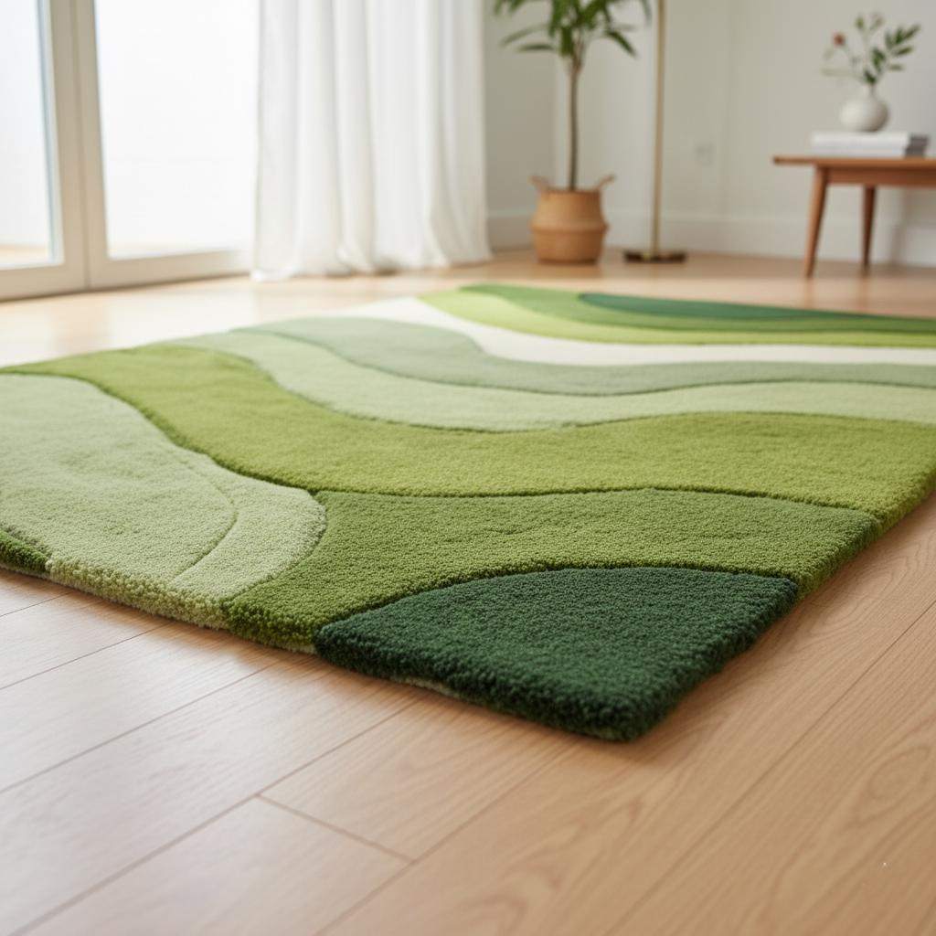 Wave pattern moss rug with green and cream tufted waves resembling natural hills and valleys