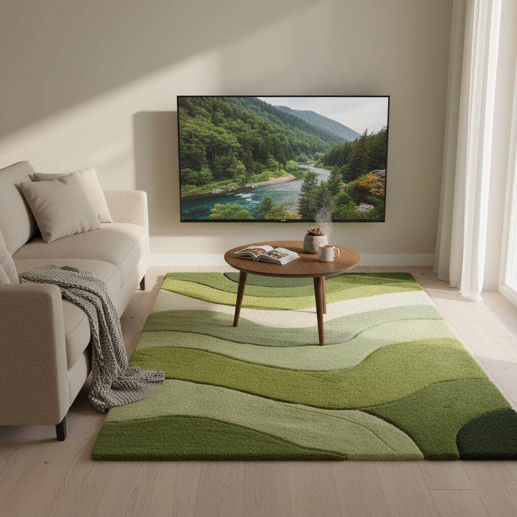 Wave pattern moss rug with green and cream tufted landscape design