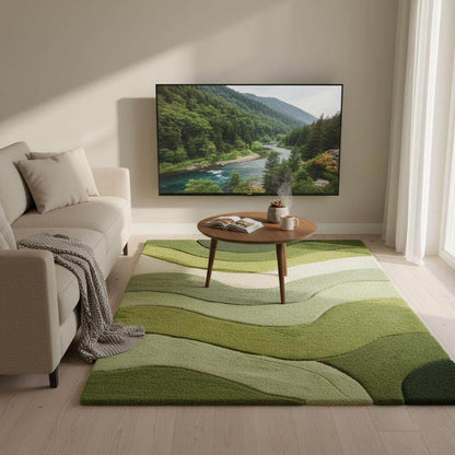 Wave pattern moss rug with green and cream tufted landscape design