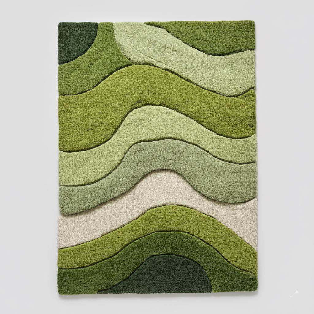 Wave pattern moss rug with green and cream tufted landscape design
