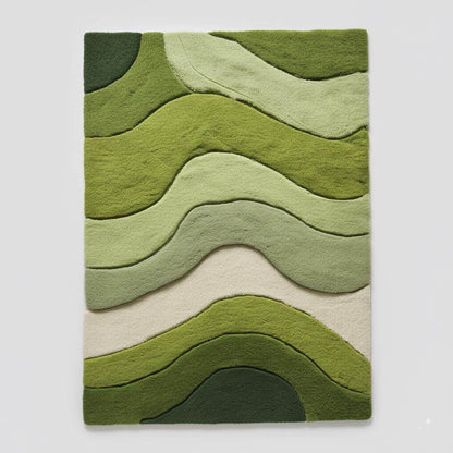 Wave pattern moss rug with green and cream tufted landscape design