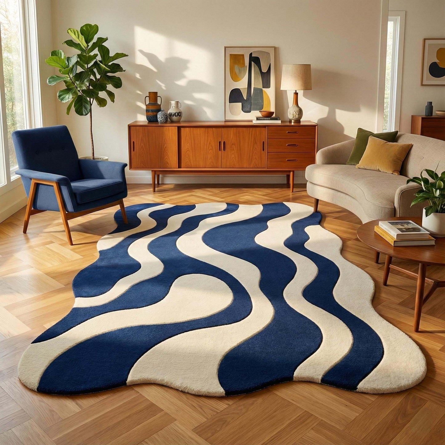 Blue cream wavy modern rug with abstract retro wave pattern and plush texture