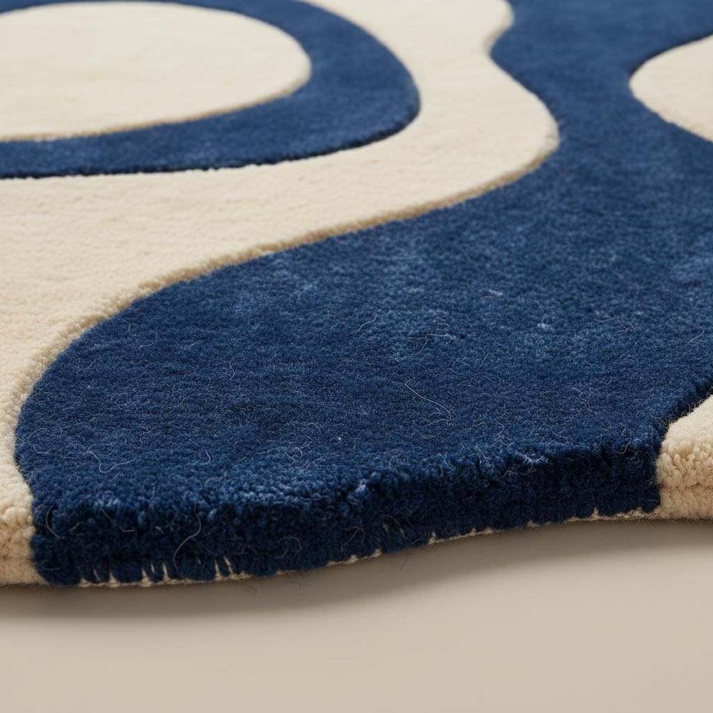 Blue cream wavy modern rug with retro wave pattern and soft plush texture