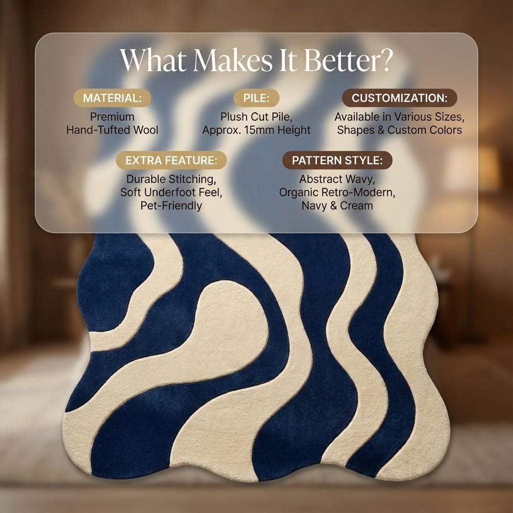 Blue cream wavy modern rug with abstract retro wave pattern and plush texture