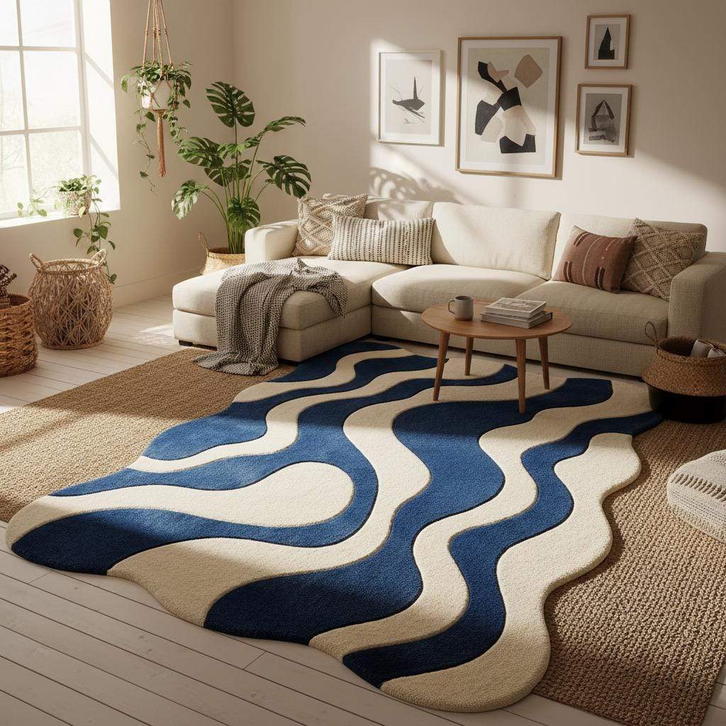 Blue cream wavy modern rug with abstract retro wave pattern and plush texture