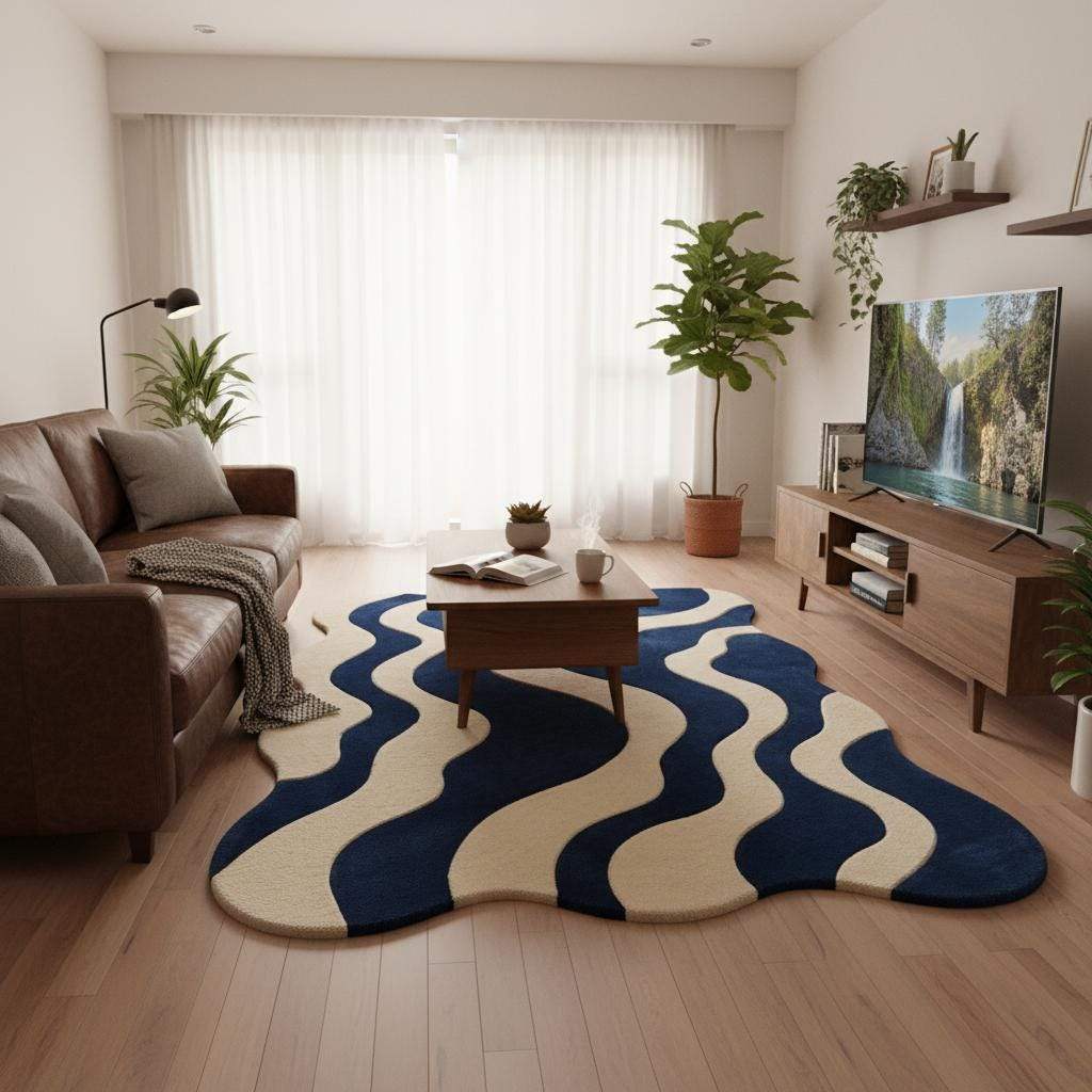 Blue cream wavy modern rug with abstract retro wave pattern and plush texture