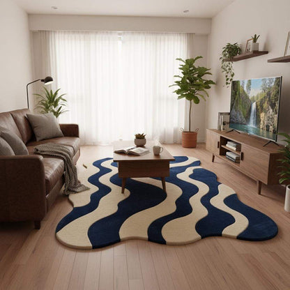 Blue cream wavy modern rug with abstract retro wave pattern and plush texture