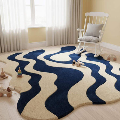Wavy modern rug with blue cream abstract retro wave pattern and plush texture