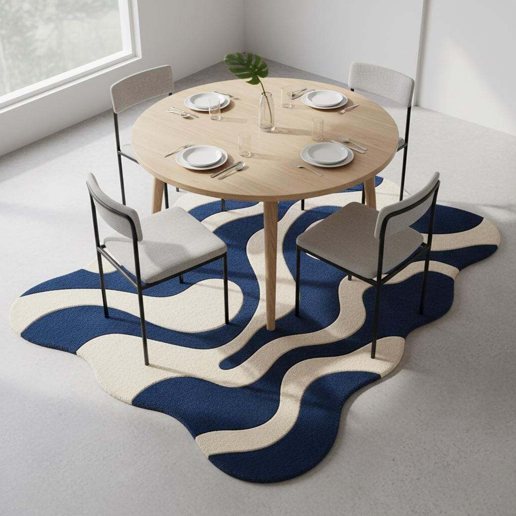 Blue cream wavy modern rug with abstract retro wave pattern and plush texture