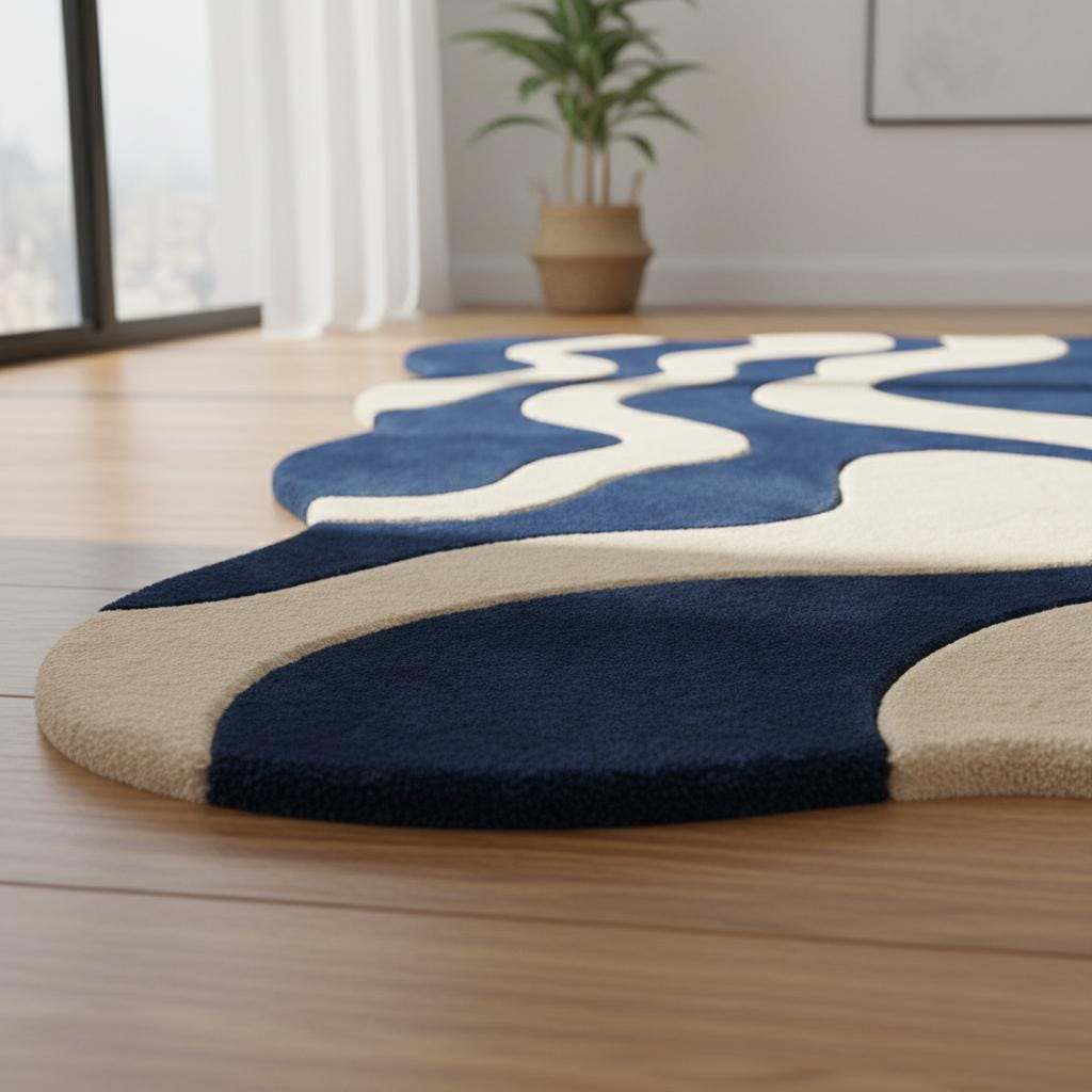 Blue cream wavy modern rug with abstract retro wave pattern and plush texture