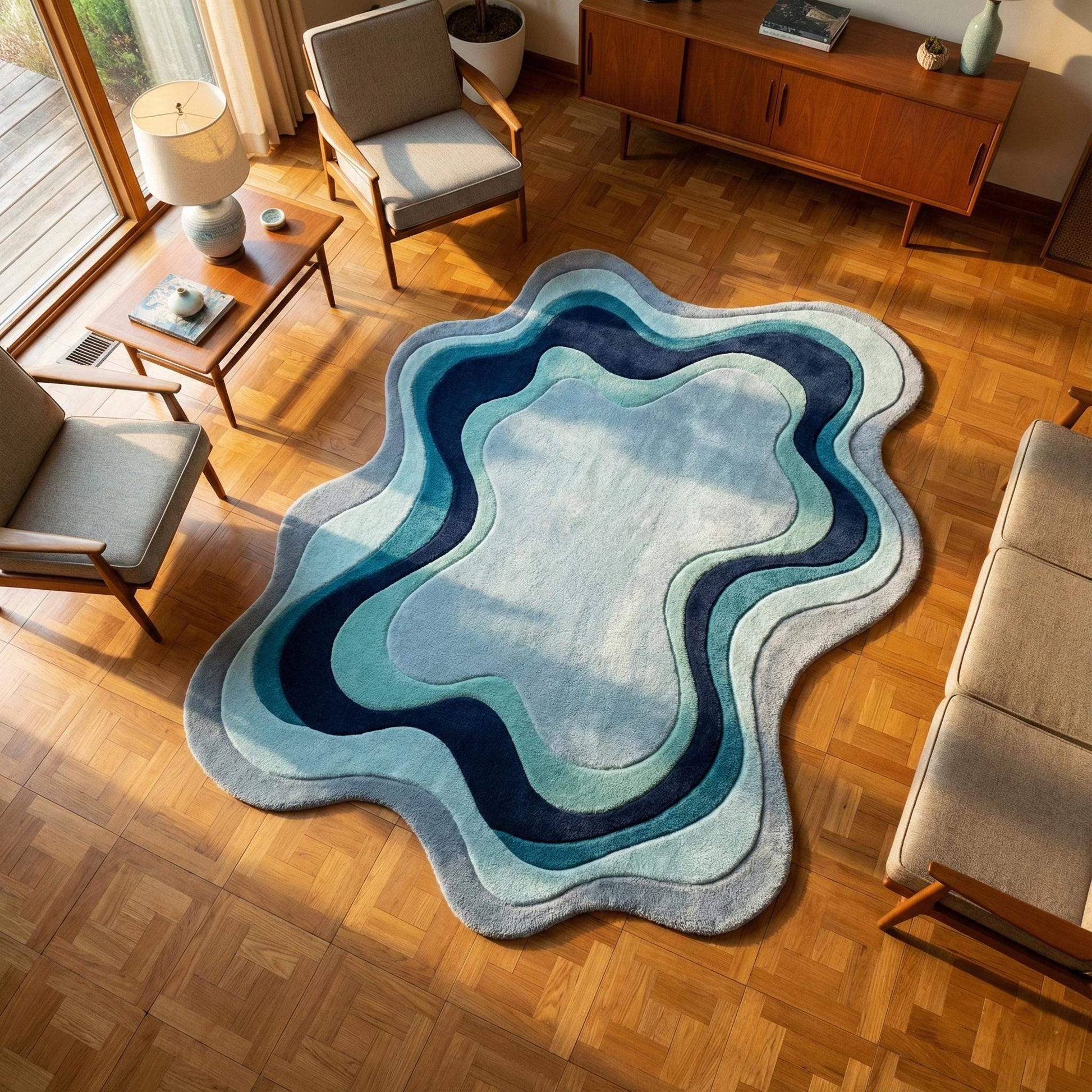 Irregular shaped wavy abstract rug in blue and aqua tones with a modern, fluid design