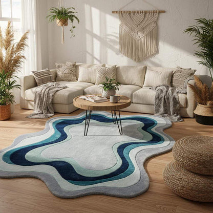 Modern wavy area rug with irregular contour edges showcased in a minimalist living room with retro-inspired furniture.