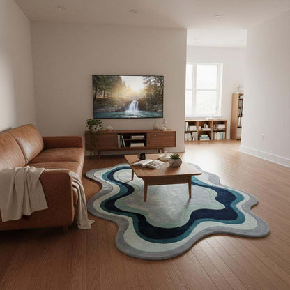 Mid century modern room featuring a unique fluid-shaped rug in aqua, navy, and sky-blue tones on parquet floors.